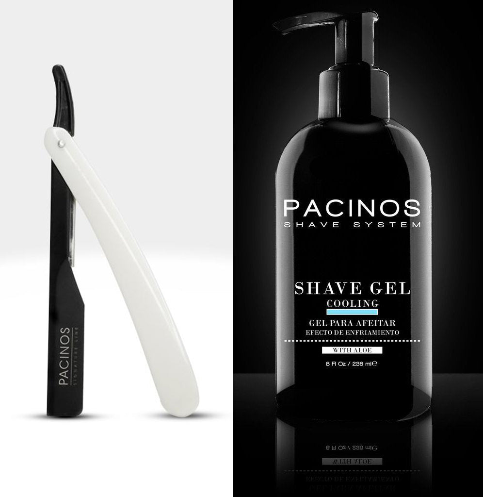 Pacinos Cooling Shave Gel & Pacinos Black/White Series Straight Razor - Barber Clips